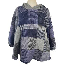 Aran Sweater Market Women's Plaid Hooded Wool Blend Poncho Purple Grey OS